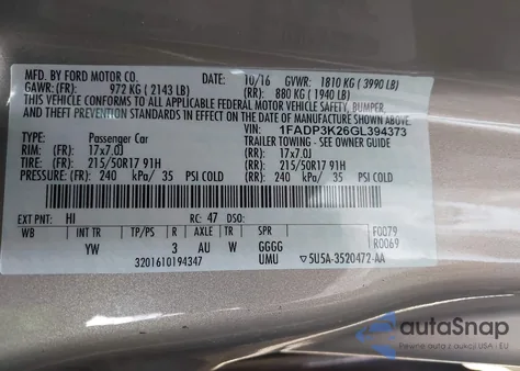 2016 Ford Focus Se z USA, uszkodzony, nr VIN 1FADP3K26GL394373